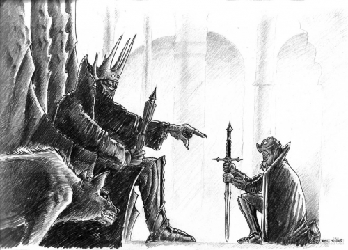 Моргот и на коленях перед ним его слуга Саурон